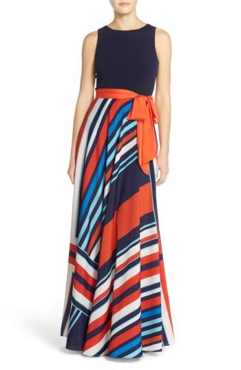 Petite Women's Eliza J Jersey & Stripe Maxi Dress P - Blue