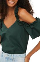Women's Topshop Ruffle Cold Shoulder Top Us (fits Like 6-8) - Green