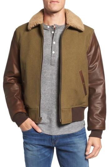 Men's Schott Nyc Mixed Media B-15 Flight Jacket With Genuine Shearling Collar - Green