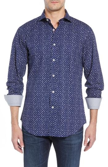 Men's Bugatchi Shaped Fit Crowded Dot Print Sport Shirt - Blue