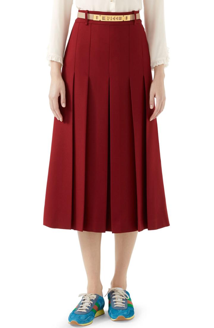 Women's Gucci Logo Belt Pleated Midi Skirt Us / 42 It - Red