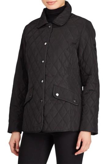 Petite Women's Lauren Ralph Lauren Faux Leather Trim Quilted Jacket P - Black