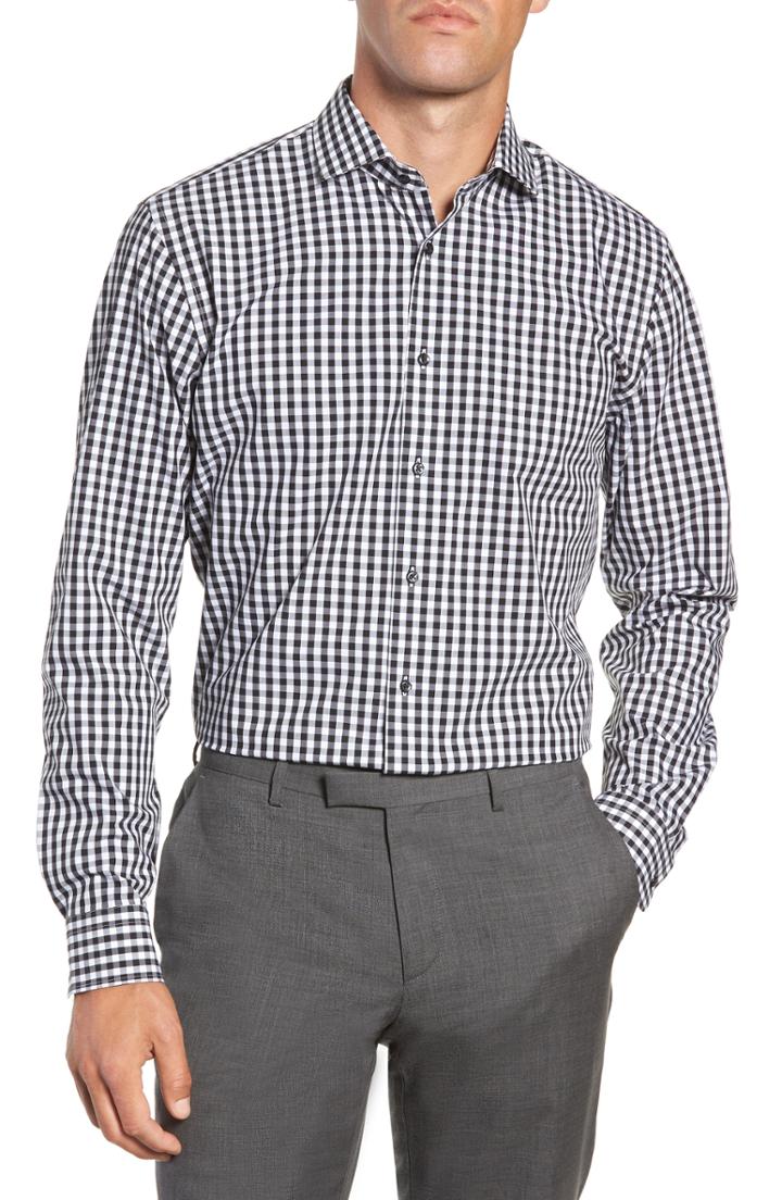 Men's Nordstrom Men's Shop Tech-smart Trim Fit Stretch Check Dress Shirt - 34/35 - Black