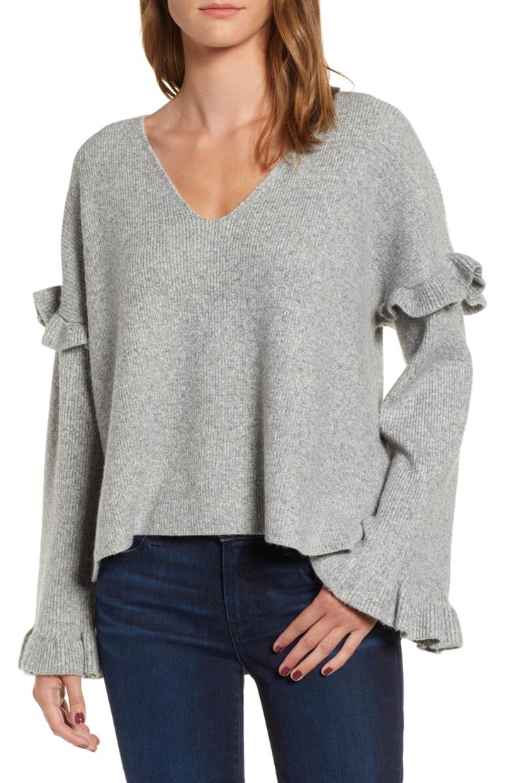 Women's Cupcakes And Cashmere Ruffle Slouchy Sweater - Grey