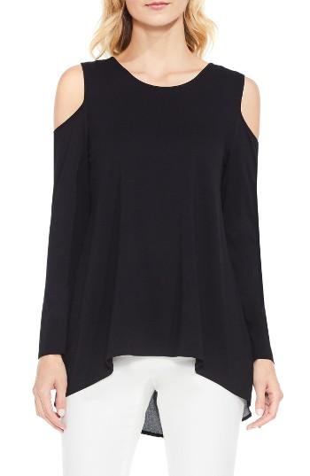 Petite Women's Vince Camuto Cold Shoulder Mixed Media Top P - Black