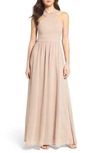 Women's Lulus Cross Neck A-line Chiffon Gown - Beige