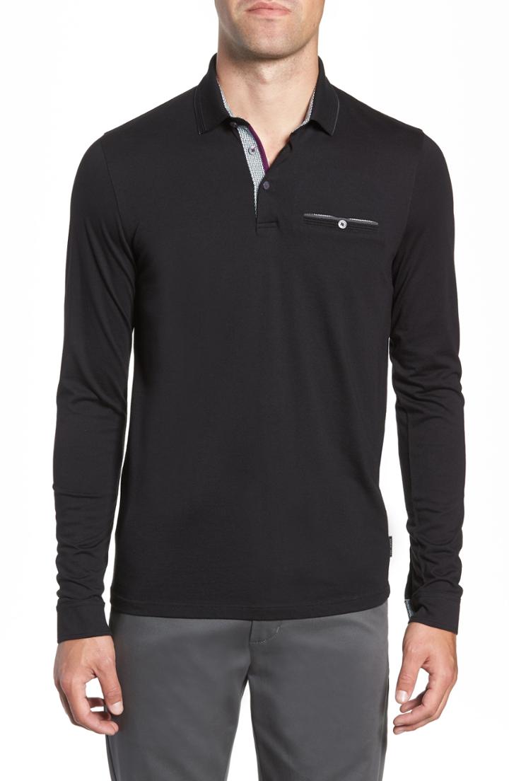 Men's Ted Baker London Loomie Slim Fit Tipped Long Sleeve Polo (l) - Black