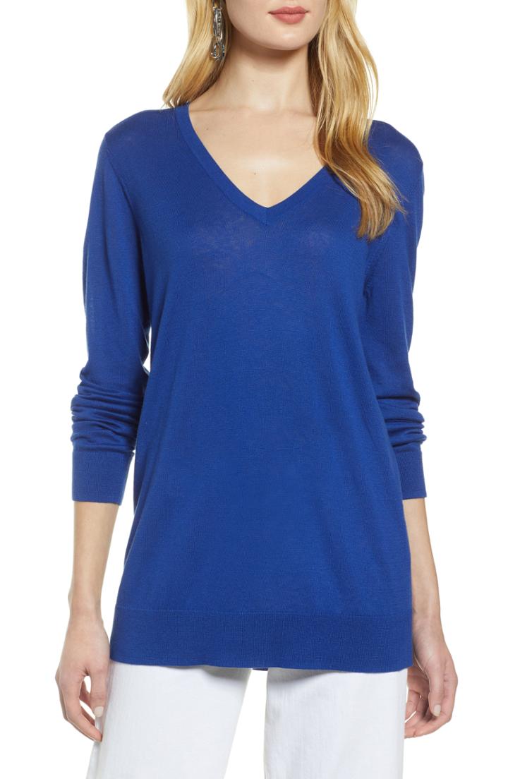 Women's Halogen Relaxed V-neck Sweater, Size - Blue