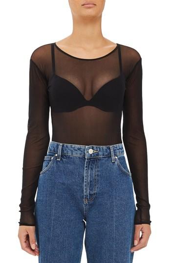 Women's Topshop Boutique Long Sleeve Mesh Bodysuit Us (fits Like 0-2) - Black