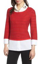 Women's Ming Wang Stripe Sweater With Shirt Underlay - Red