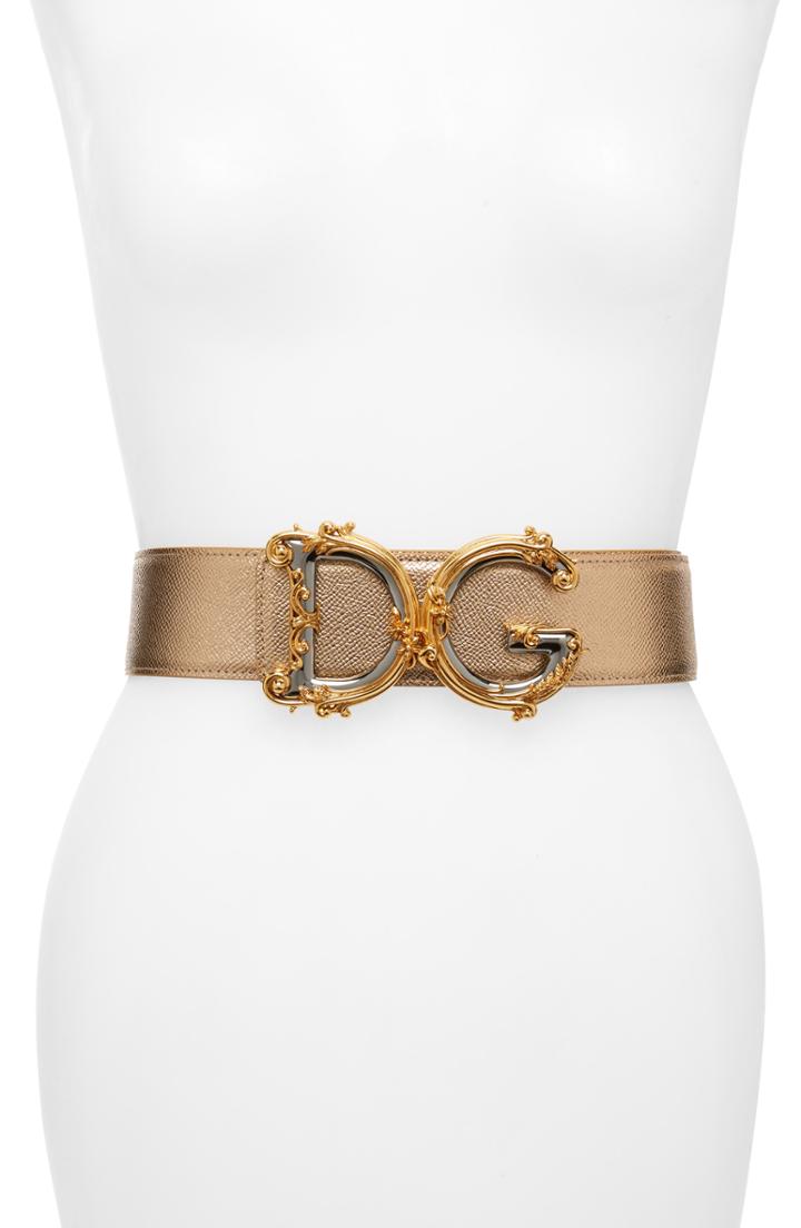 Women's Dolce & Gabbana Dg Baroque Metallic Calfskin Leather Belt - Gold