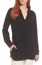 Women's Eileen Fisher Split Neck Silk Blouse, Size - Black