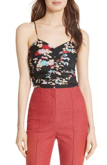 Women's Diane Von Furstenberg Sleeveless Ruched Floral Stretch Silk Bodysuit - Black