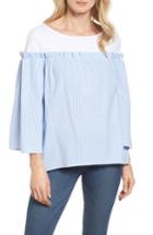 Women's Halogen Ruffle Detail Mix Media High/low Shirt - Blue