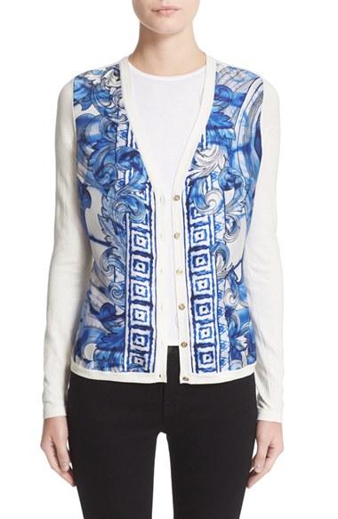 Women's Versace Leaf Print Silk & Cotton Cardigan