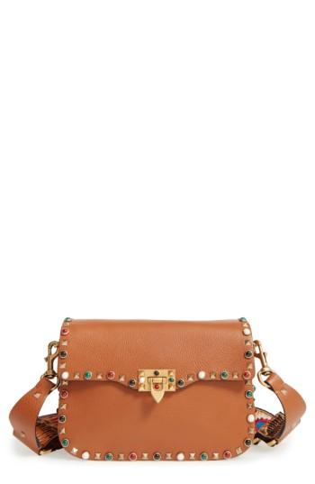 Valentino 'rolling Rockstud' Guitar Strap Calfskin Leather Shoulder Bag - Brown