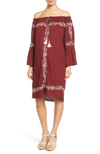 Women's Fillyboo 'finding California' Embroidered Off The Shoulder Maternity Dress - Burgundy