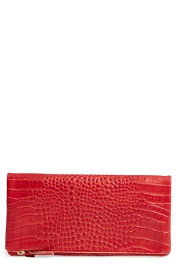 Clare V. Croc Embossed Calfskin Leather Foldover Clutch -