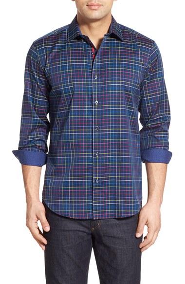 Men's Bugatchi Shaped Fit Grid Print Sport Shirt - Blue