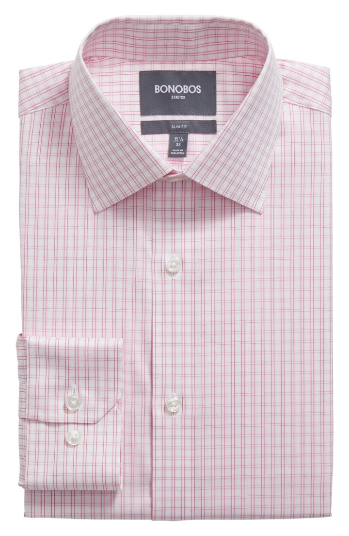 Men's Bonobos Raven Slim Fit Stretch Check Dress Shirt 33 - Pink