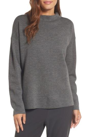 Women's Eileen Fisher Mock Neck Box Wool Sweater, Size - Grey