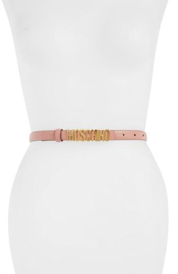 Women's Moschino Logo Plate Skinny Leather Belt - Pink