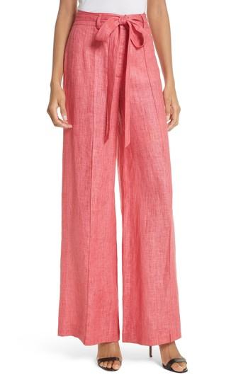 Women's Milly Hayden Belted Wide Leg Italian Linen Pants - Red