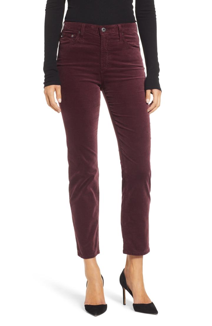 Women's Ag The Isabelle High Waist Ankle Straight Leg Velveteen Jeans - Burgundy