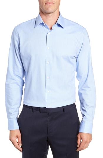 Men's Nordstrom Men's Shop Tech Smart Trim Fit Stretch Herringbone Dress Shirt - 32/33 - Blue