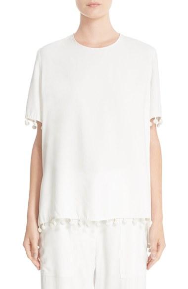 Women's Adam Lippes Pompom Trim Satin Crepe Tee