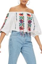 Women's Topshop Tassel Off The Shoulder Top Us (fits Like 0) - White