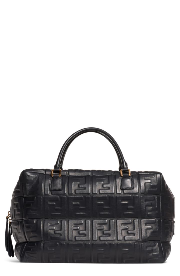 Fendi Boston Logo Embossed Lambskin Leather Satchel - Black