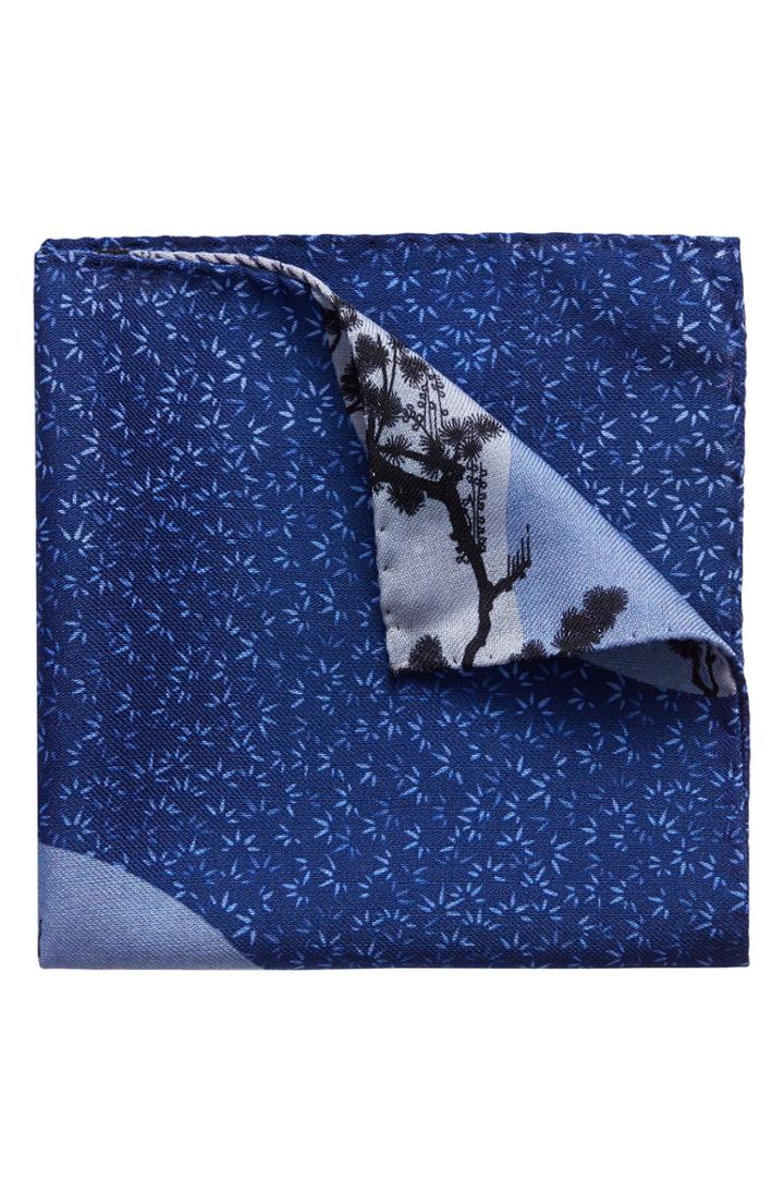 Men's Eton Trees Print Wool Pocket Square, Size - Blue