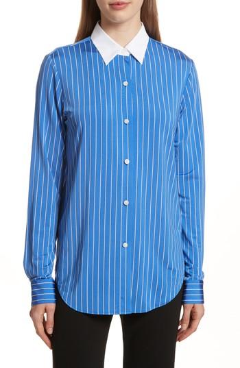 Women's Theory Essential Stripe Jersey Button Down Shirt - Blue