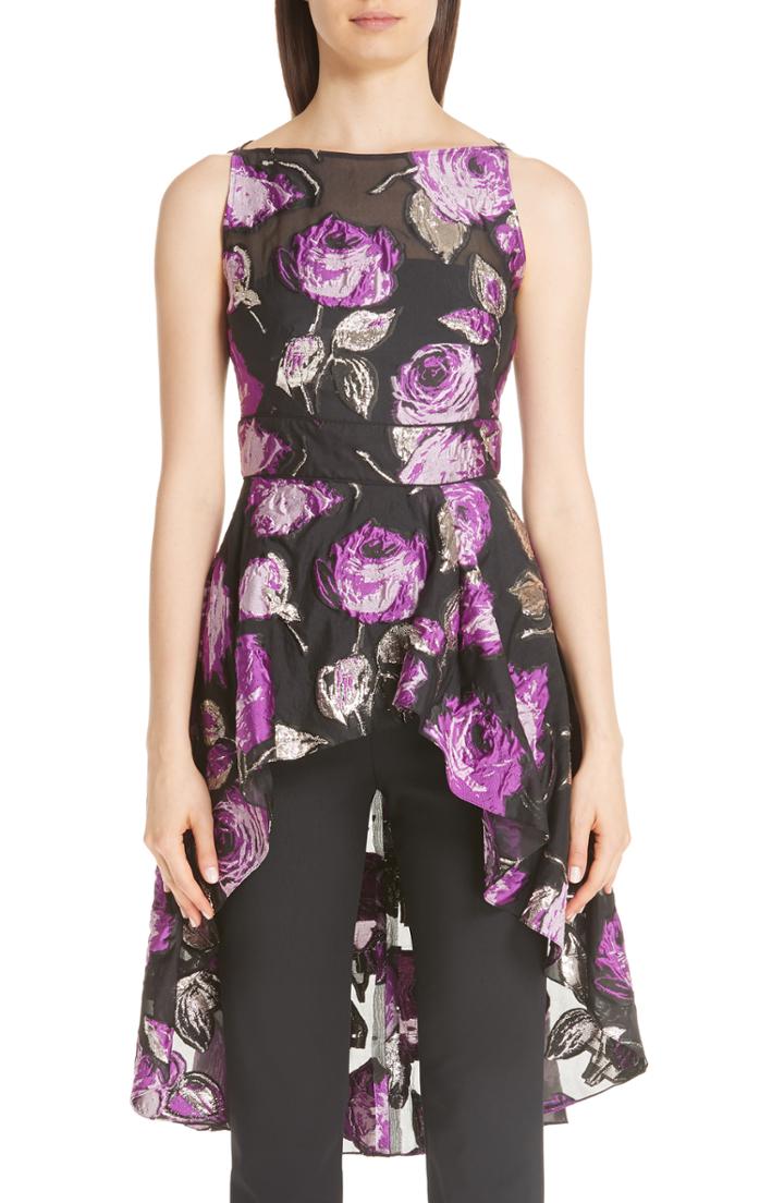Women's Lela Rose Metallic Floral Fil Coupe High/low Peplum Blouse - Purple
