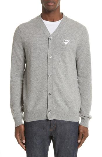 Men's Comme Des Garcons Play White Heart Wool Cardigan - Grey