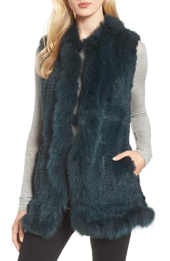 Women's Love Token Genuine Rabbit Fur Vest With Genuine Fox Fur Trim - Black