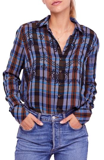 Women's Free People Magical Plaid Embroidered Shirt - Black