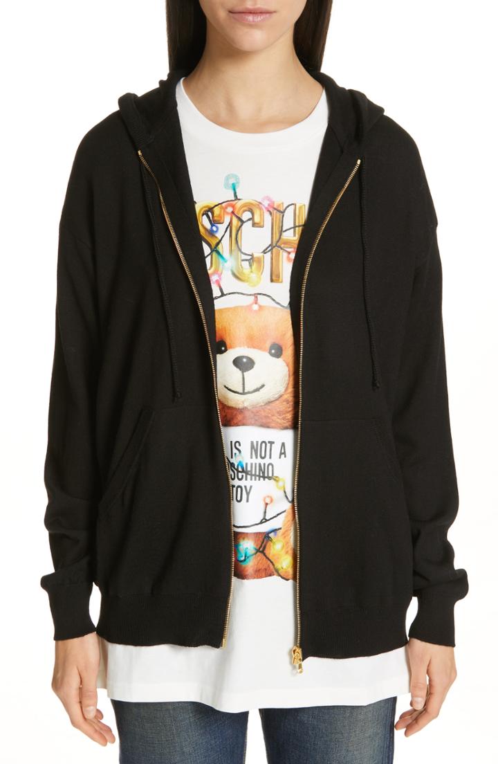 Women's Moschino Teddy Lights Knit Wool Hoodie, Size - Black