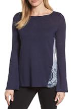 Women's Caslon Embroidered Mixed Media Top - Blue