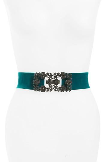 Women's Tasha City Lights Crystal Buckle Velvet Stretch Belt - Dark Teal