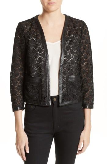 Women's The Kooples Faux Leather Trim Lace Jacket Us / 32 Fr - Black