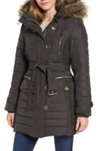 Women's London Fog Belted Down Coat With Faux Fur Trim - Green