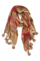 Women's Sole Society Plaid Scarf With Pompom Fringe, Size - Brown