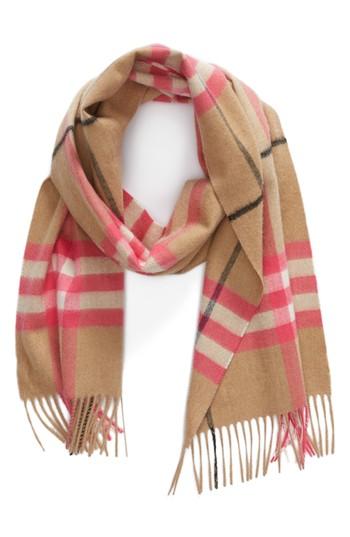 Women's Burberry Fluro Giant Check Cashmere Scarf, Size - Pink