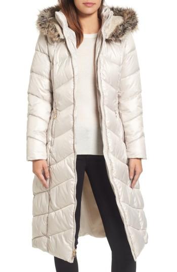 Women's Gallery Long Coat With Faux Fur Trim - Beige