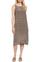 Women's Eileen Fisher Stripe Bateau Neck Silk Dress, Size - Brown