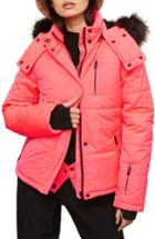 Women's Topshop Sno Rio Faux Fur Hood Neon Puffer Jacket Us (fits Like 16-18) - Pink