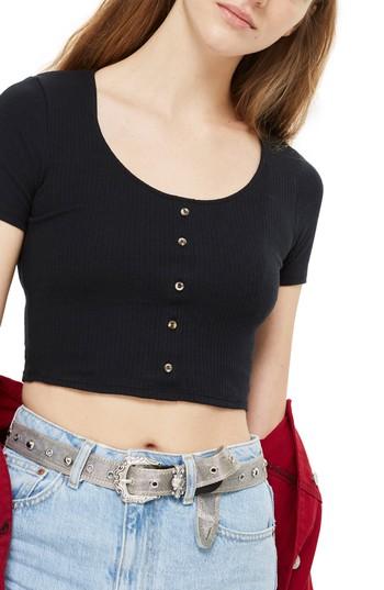 Women's Topshop Horn Button Crop Top Us (fits Like 0-2) - Black