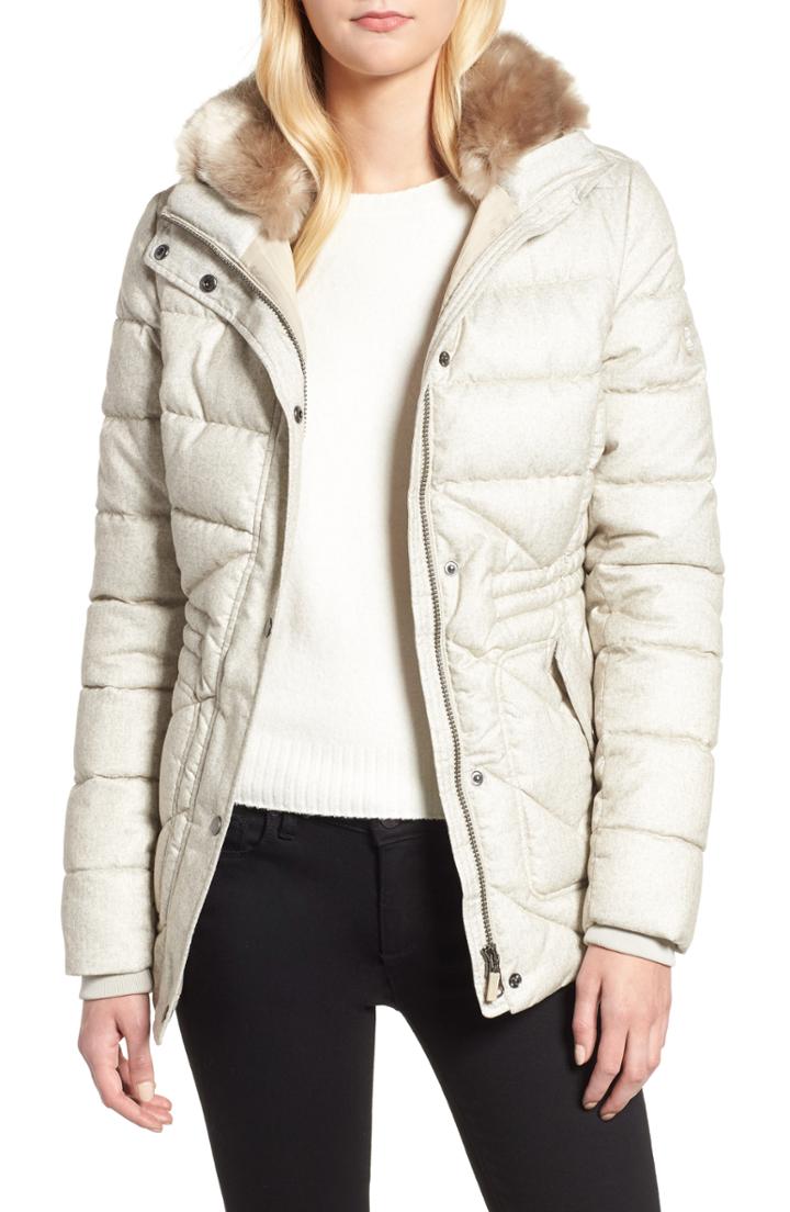 Women's Barbour Langstone Faux Fur Trim Quilted Coat Us / 10 Uk - Ivory